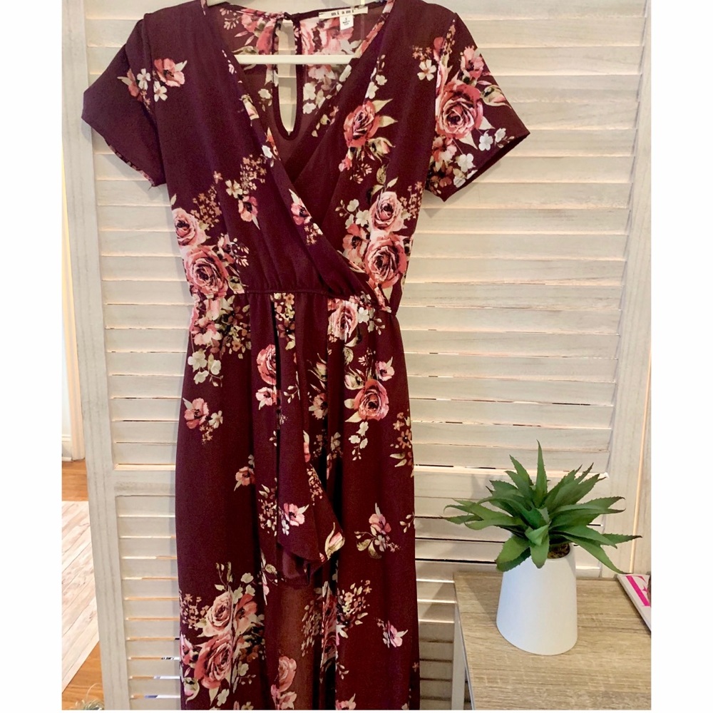 Burgundy Floral Maxi-romper dress